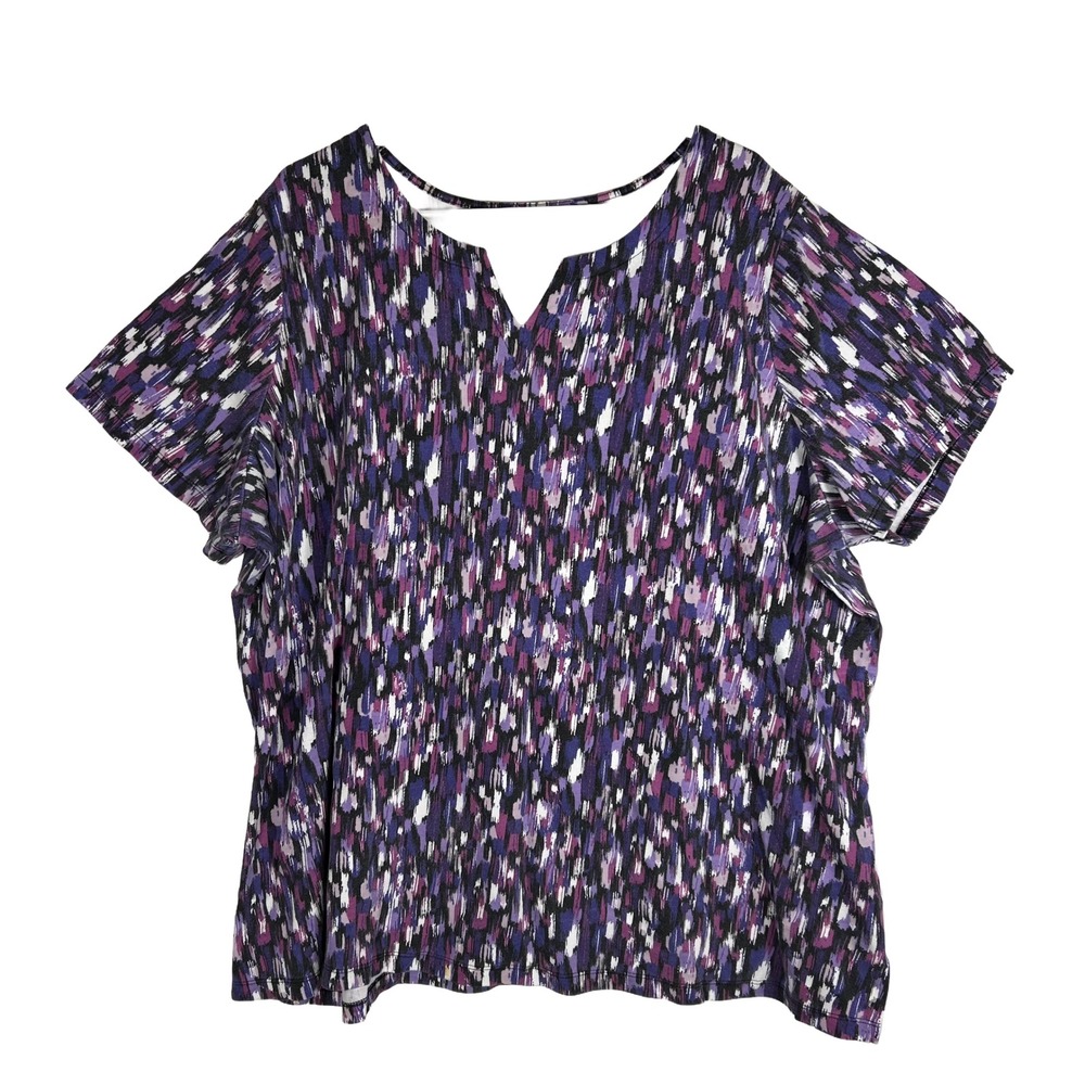 Roamans Womens Plus Size 2X 26/28 Purple Abstract Brushstroke Split V-Neck Top